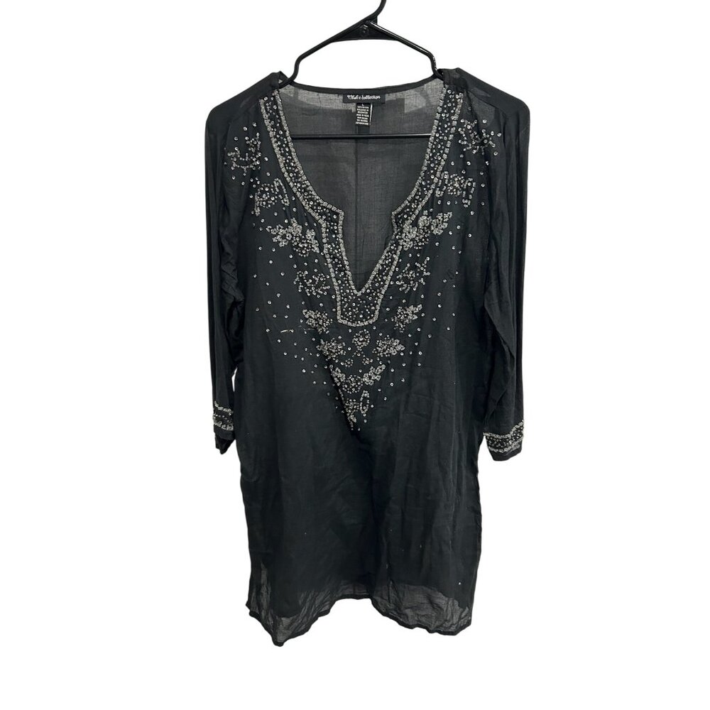 Club Z Collection Beaded V-Neck Tunic Top Black Sz Large 3/4 Sleeve Embellished